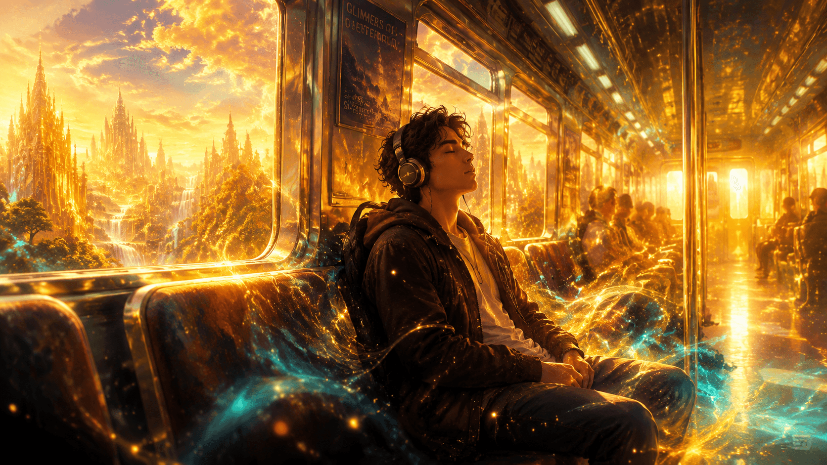 A lone commuter seated on a glowing subway train at dusk, eyes closed and headphones on, surrounded by swirling luminous particles of gold and teal light streaming through the windows, the city blurring into a radiant dreamscape outside, volumetric light rays filling the carriage with a mythic golden atmosphere, epic cinematic digital art, hyper-detailed, exceptionally crisp and sharp focus, luminous volumetric lighting, highly vibrant and colorful palette, radiant sunlight, mythic fantasy atmosphere, Unreal Engine 5 render, concept art for epic magical world, 8k ultra detailed, 16:9