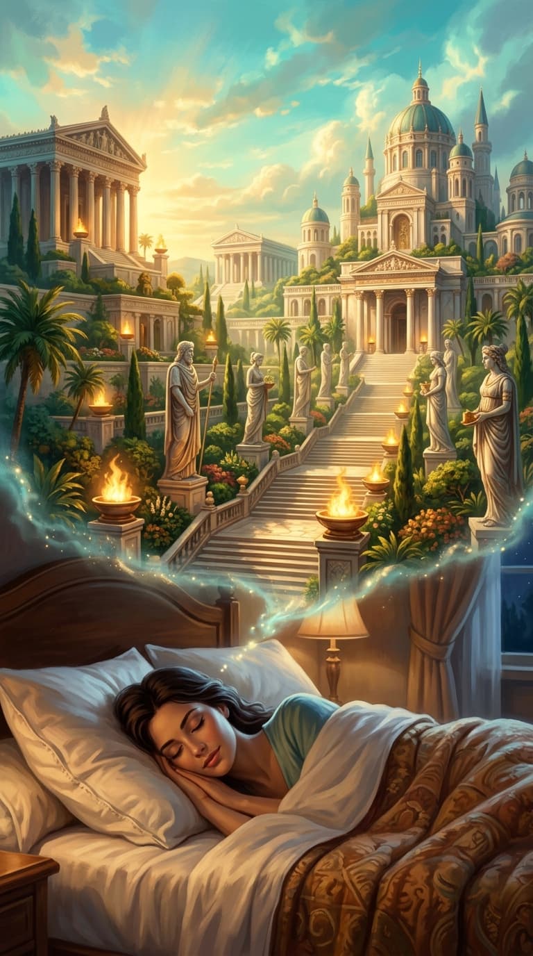 A person lying peacefully in bed at night, eyes closed, faint golden torchlight and terraced garden greenery glowing softly in the air above them as if a memory of an ancient garden is forming in their mind, warm and dreamlike atmosphere
