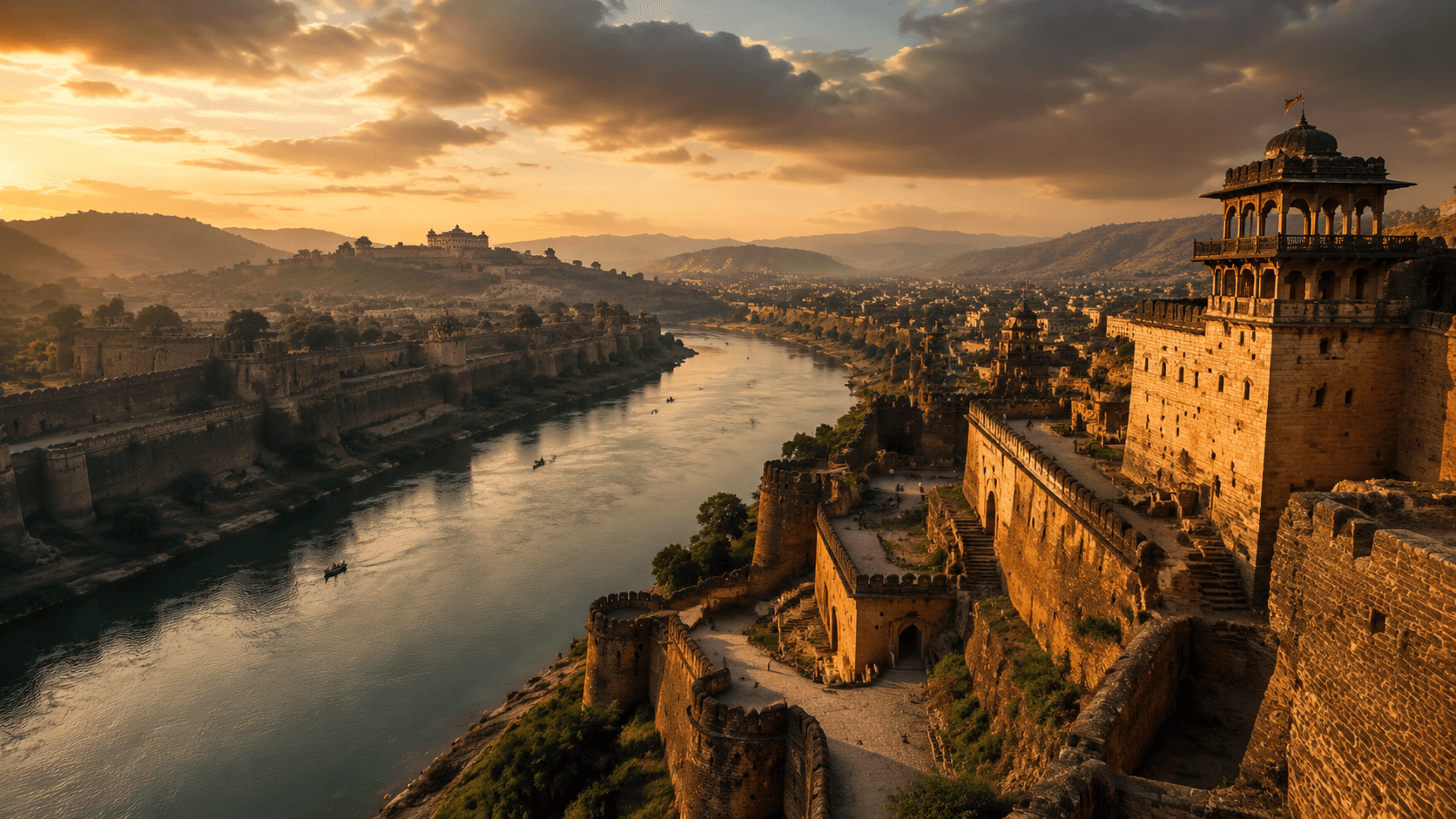 The legendary hanging gardens of Nineveh at golden hour, tiered stone terraces overflowing with lush tropical vegetation above the ancient Assyrian city, cedar and palm canopies casting long dramatic shadows, volumetric mist rising from garden irrigation channels, 8k hyper-realistic render