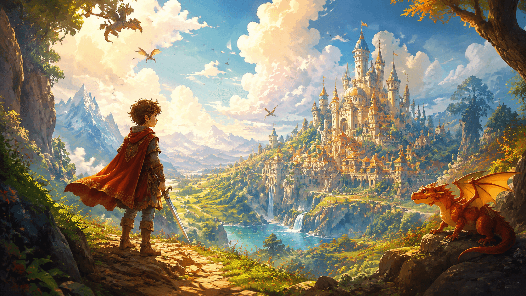 Children's fairy tale books with magical adventure illustrations showing heroic quests and mythic patterns