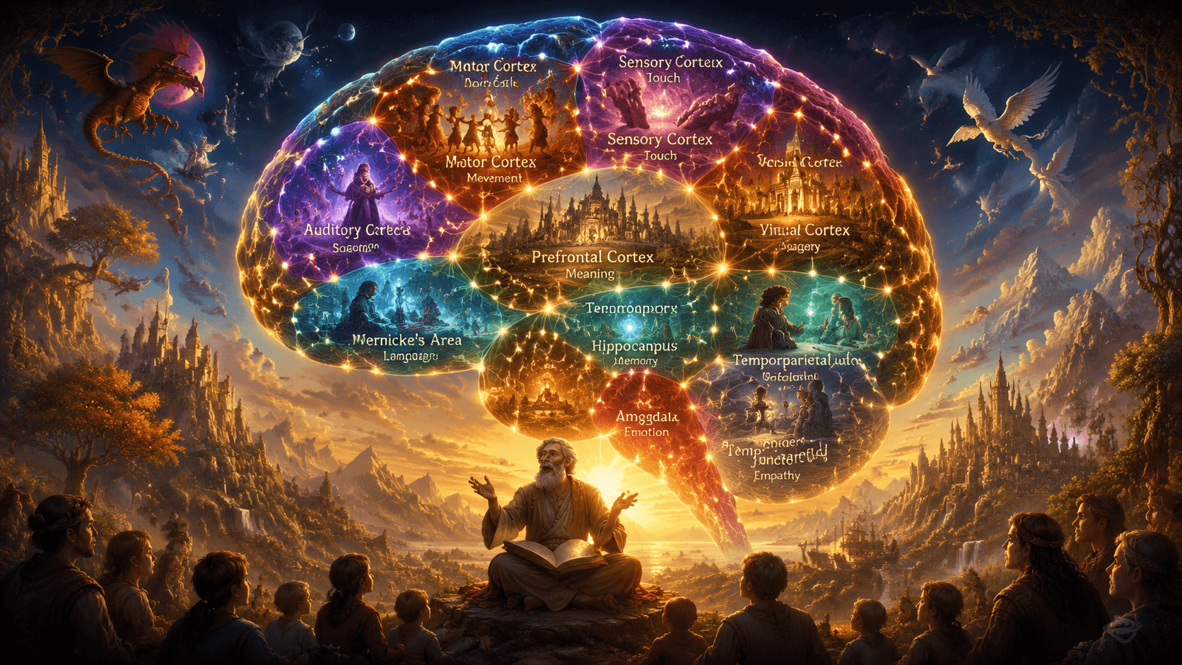 Glowing neural network representing how storytelling activates multiple interconnected brain regions simultaneously