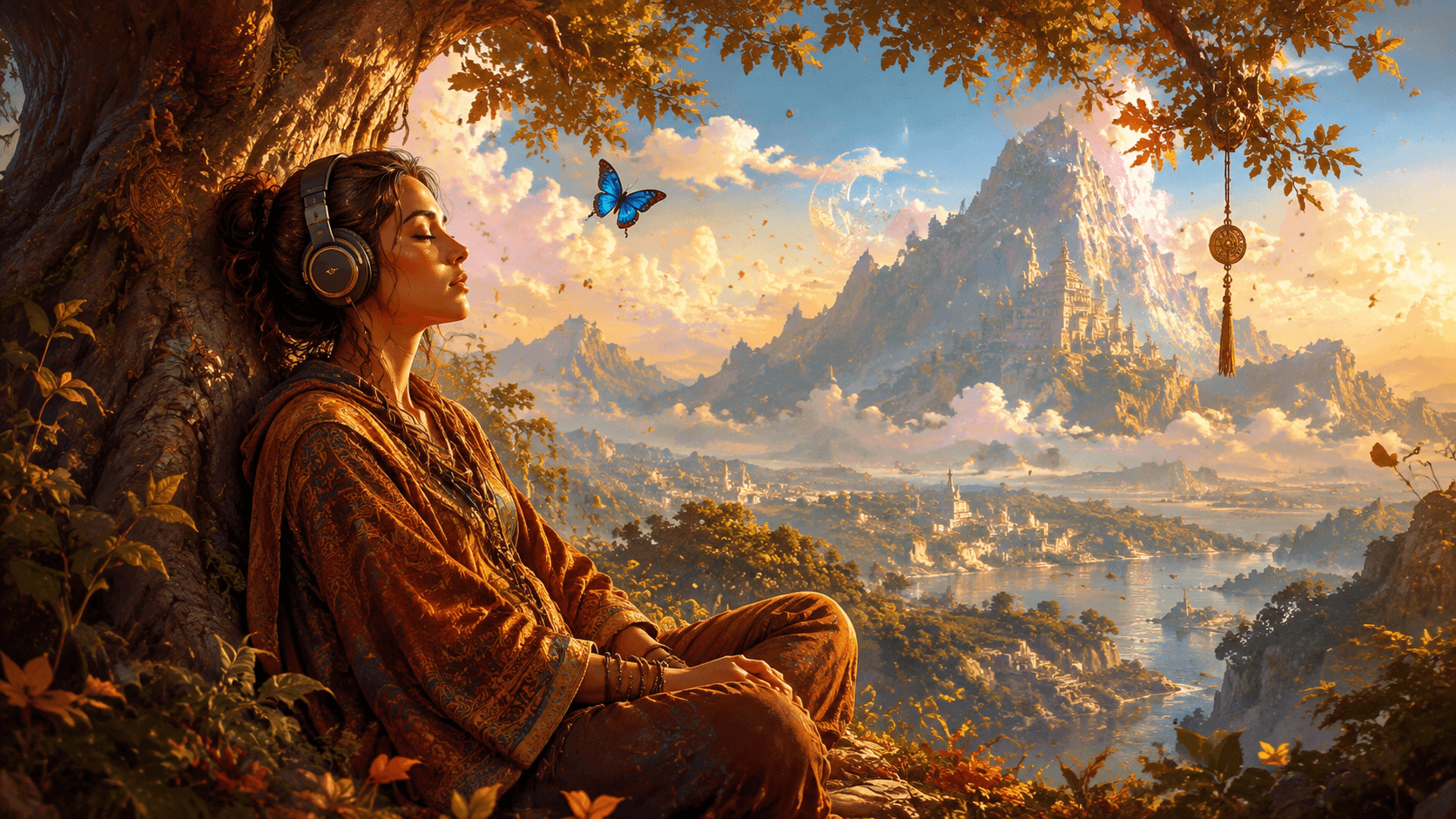 Person wearing headphones experiencing storytelling meditation in a peaceful setting