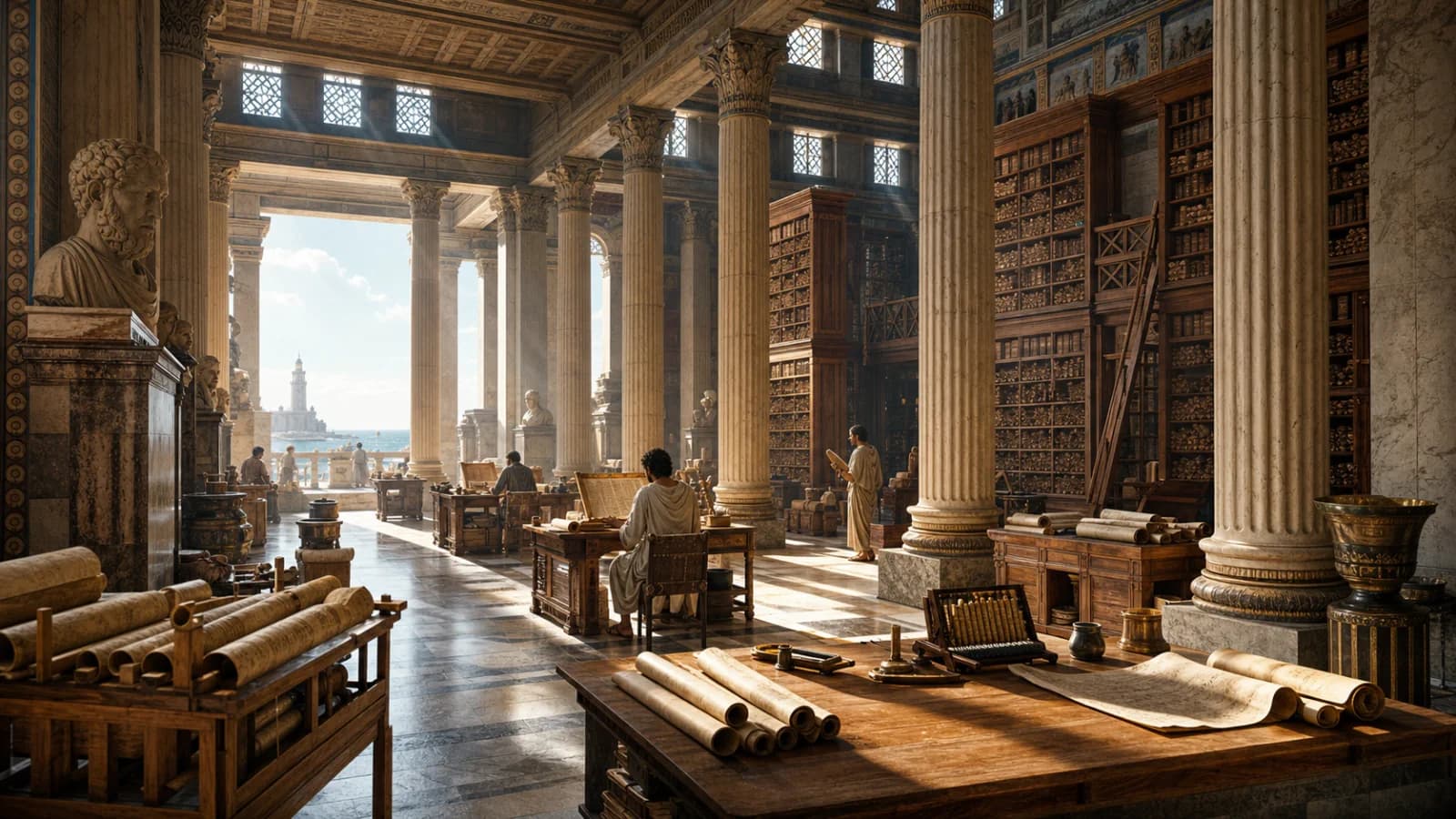 Ancient Library of Alexandria interior with scroll shelves, scholars, columns, and Mediterranean light