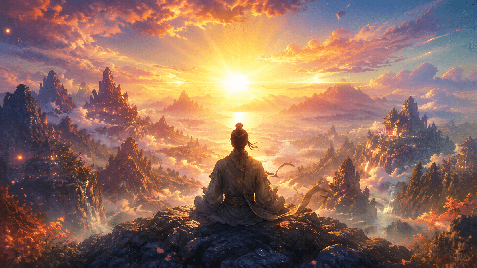 Person meditating at sunrise on a mountain peak, symbolising the heroic journey of personal growth and inner transformation