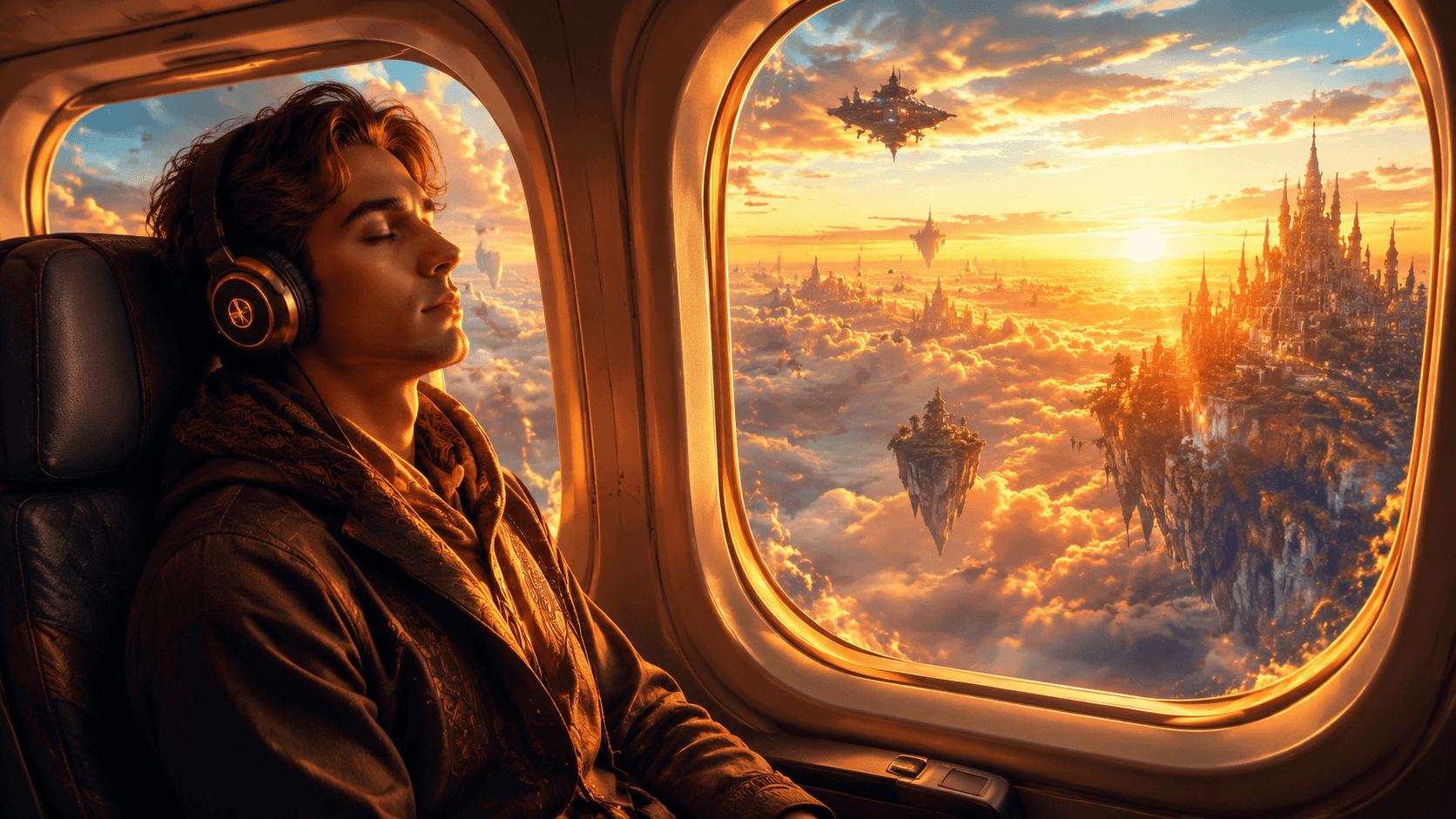 A lone traveler in a window seat high above the clouds at golden hour, eyes closed and headphones on, bathed in warm amber light filtering through the oval window, soft clouds stretching endlessly below, an expression of total peace and deep inner calm, epic cinematic digital art, hyper-detailed, exceptionally crisp and sharp focus, luminous volumetric lighting, highly vibrant and colorful palette, radiant sunlight, mythic fantasy atmosphere, Unreal Engine 5 render, concept art for epic magical world, 8k ultra detailed, 16:9