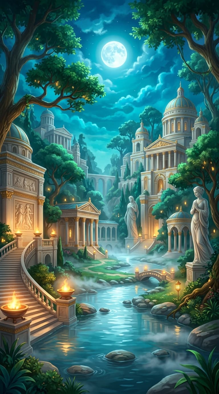 A tranquil nighttime scene of a gentle stream winding through a moonlit forest clearing, soft mist rising from the water, calm and dreamlike atmosphere suggesting sleep and rest
