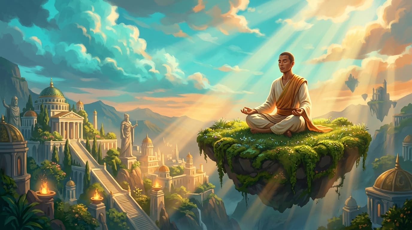 A serene person sitting cross-legged on a floating island of lush green moss and wildflowers high above a glowing city at golden hour, eyes closed in deep stillness, surrounded by radiant beams of warm amber sunlight piercing through luminous turquoise clouds, vast sky stretching infinitely above, majestic atmospheric depth below, soft volumetric light wrapping the figure in calm and sanctuary