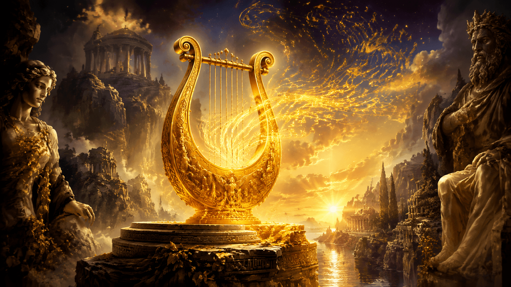 Ancient Greek-inspired golden lyre symbolising Orpheus's legendary music that moved even the rulers of the Underworld