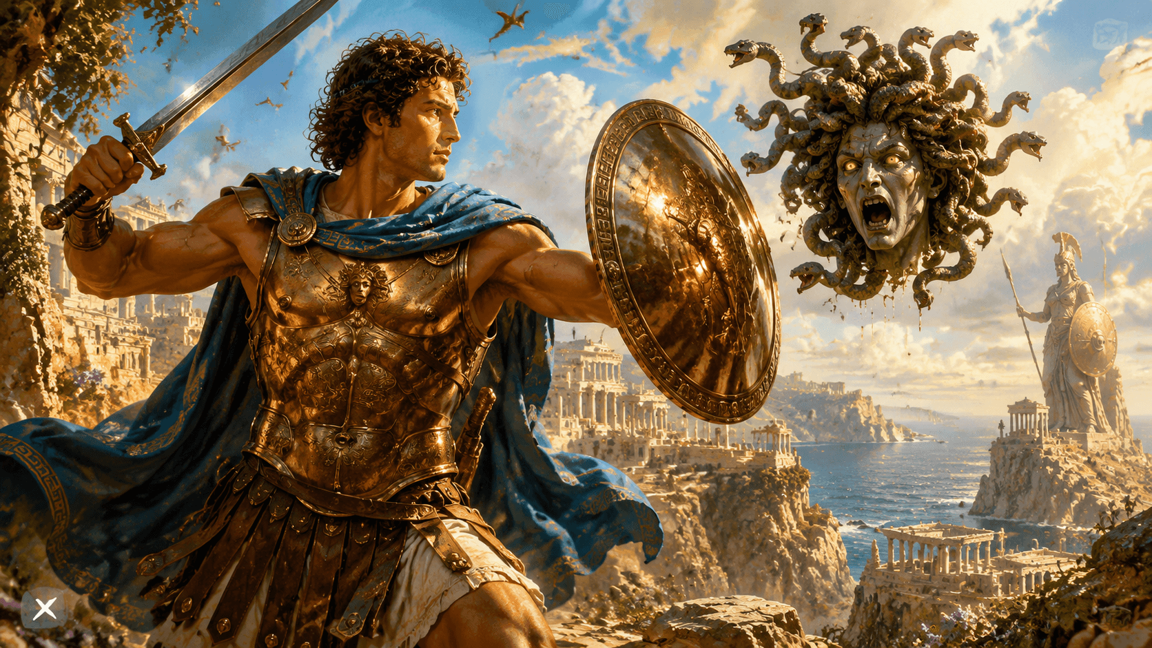 Ancient Greek hero Perseus on his legendary quest with divine artifacts and mythological symbolism