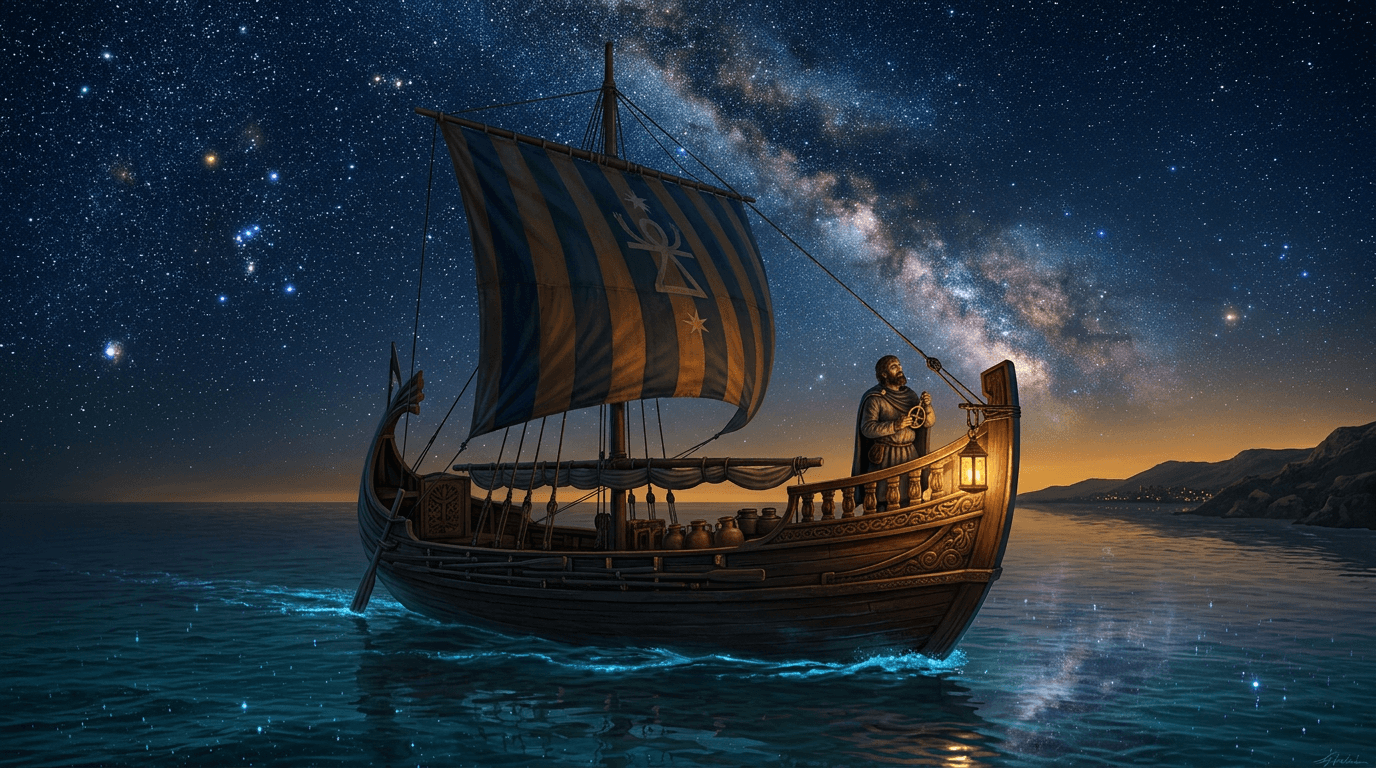 A Phoenician merchant vessel sailing under a vast, luminous night sky filled with brilliant constellations, the sea glowing with reflected starlight, a lone navigator standing at the prow gazing upward at the stars, warm golden lantern light on carved wooden railings, towering cedar mast with billowing sails, calm turquoise waters stretching to a distant glowing horizon, the coastline of ancient Phoenicia faintly visible in the amber distance