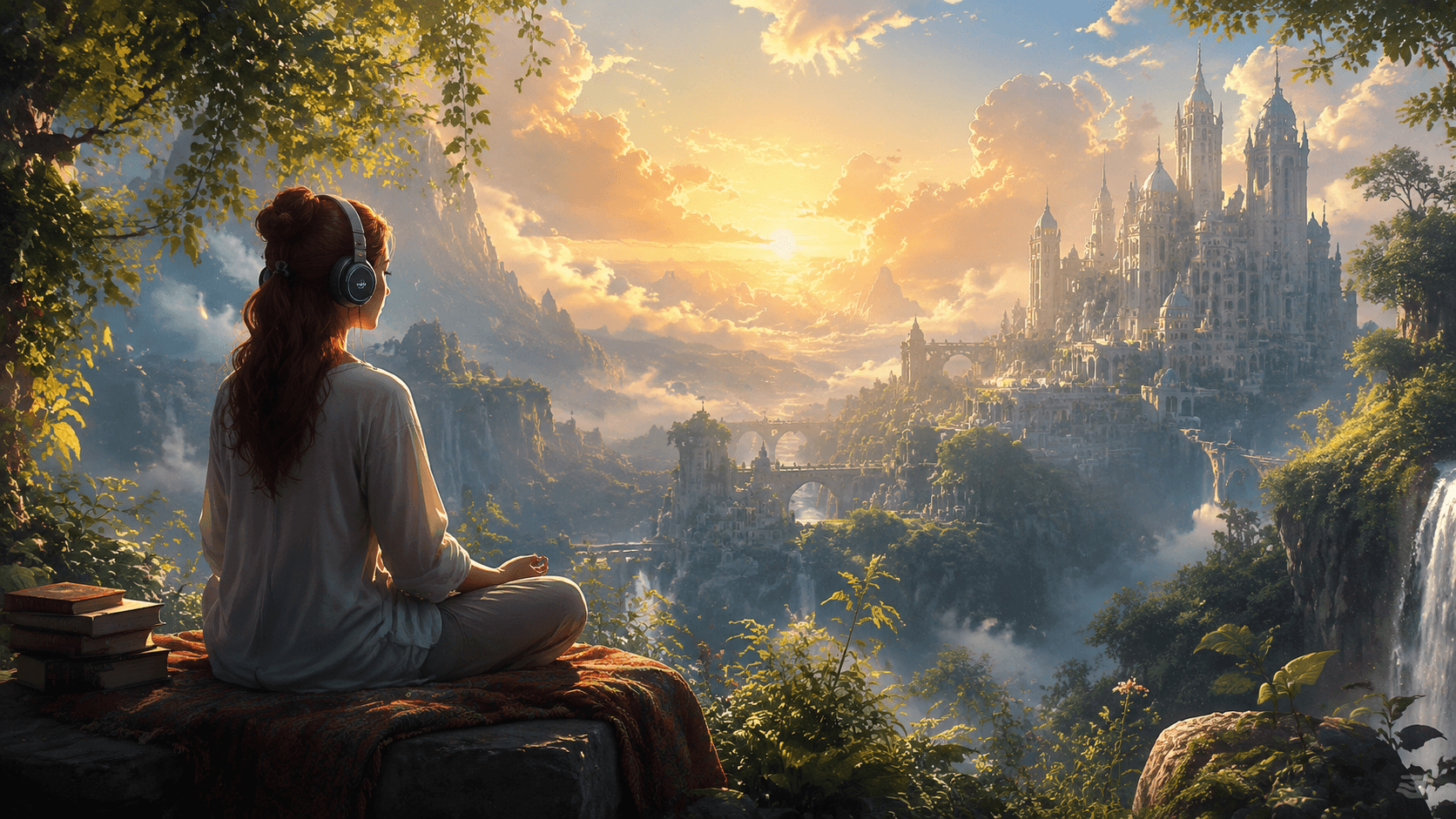 Person experiencing story-based meditation with headphones in peaceful environment
