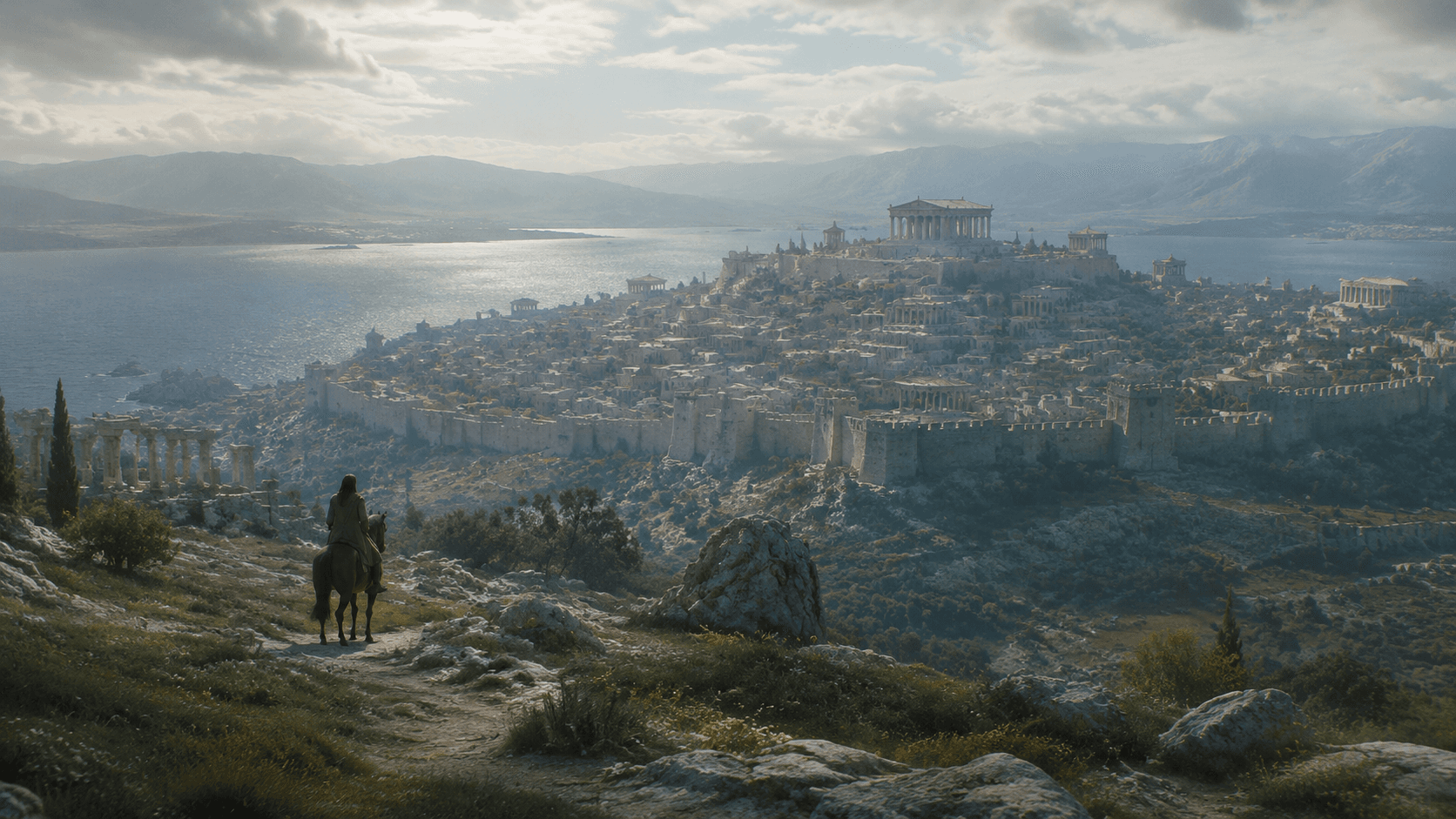 Ancient silent healing garden at sunset, stone terraces bordered with flowering herbs and cedar trees, a lone robed figure seated in meditative stillness beside a shallow reflecting pool, warm amber and golden light filtering through aromatic mist, volumetric haze over still water surface, 8k ultra-realistic wide cinematic shot, National Geographic historical reconstruction