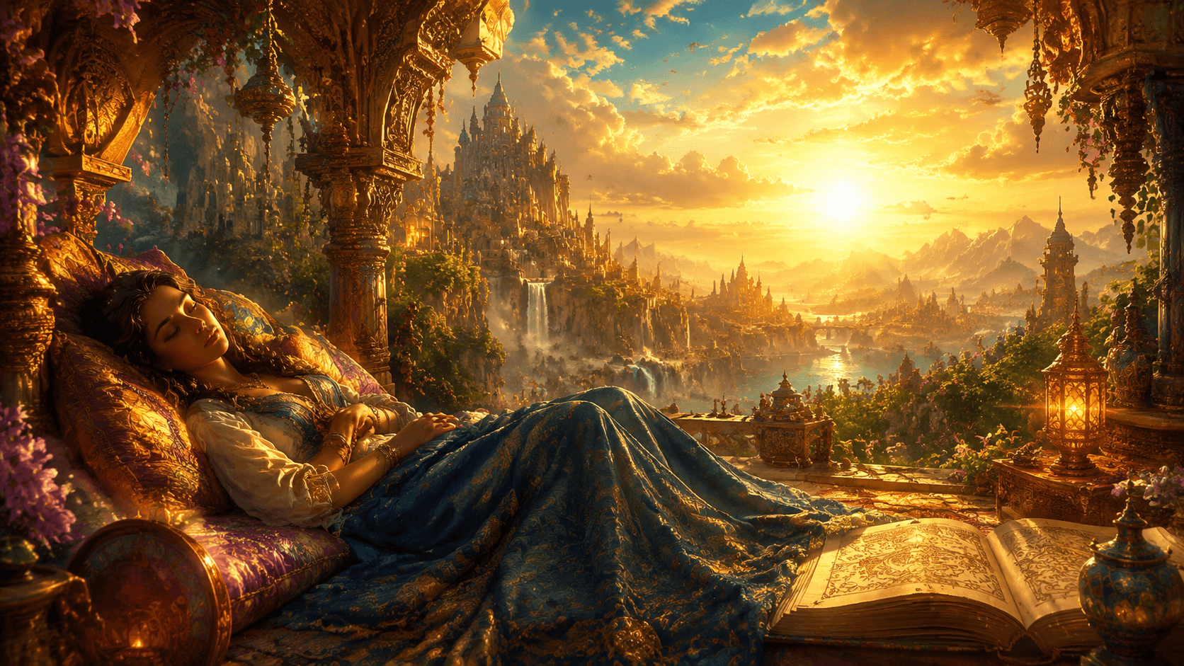 Soft glowing bedroom at night with story imagery floating above a sleeping person