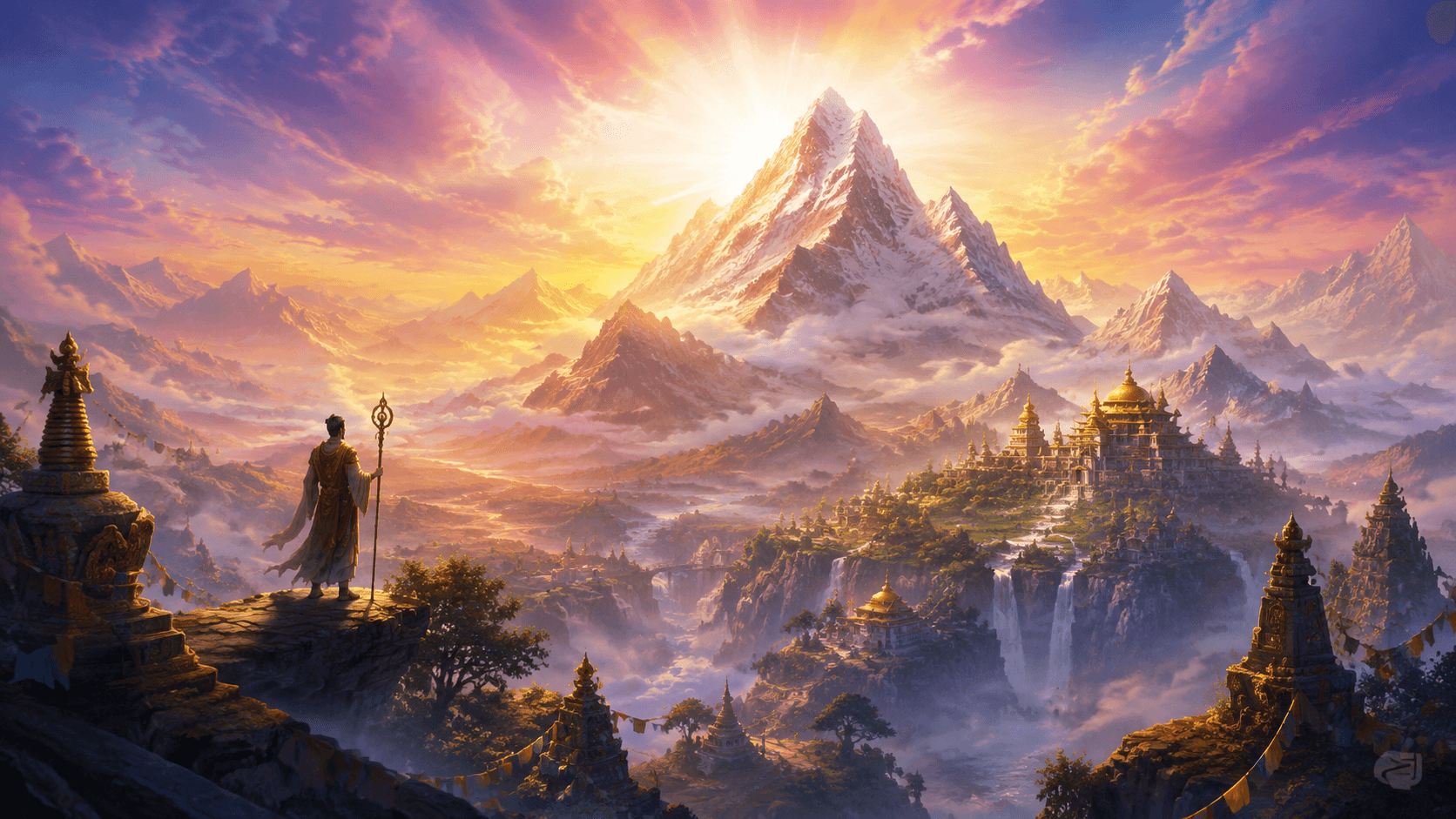 Sacred mountain at sunrise with mist representing the spiritual meaning of peaks across ancient civilisations