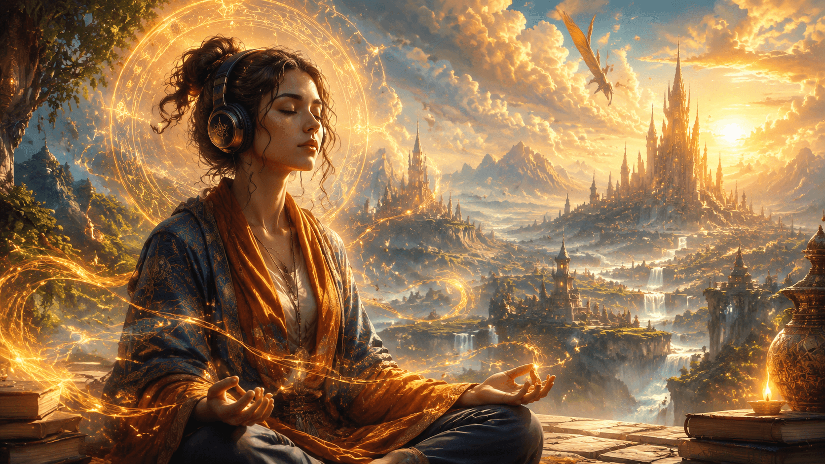 Cinematic painterly illustration of a person in deep meditative focus surrounded by luminous golden light and flowing narrative imagery