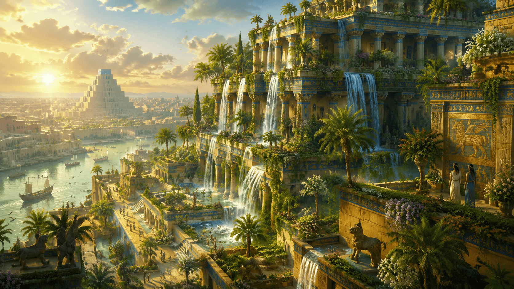 The Hanging Gardens of Babylon reconstructed view with lush terraces and cascading water features