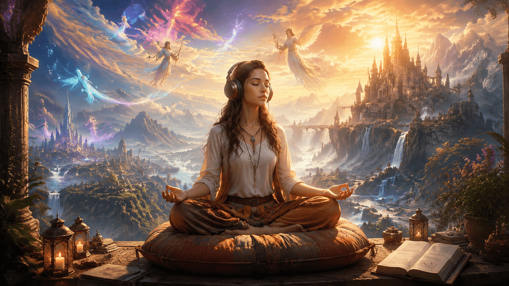 A person in a meditative state surrounded by a glowing narrative environment representing story meditation