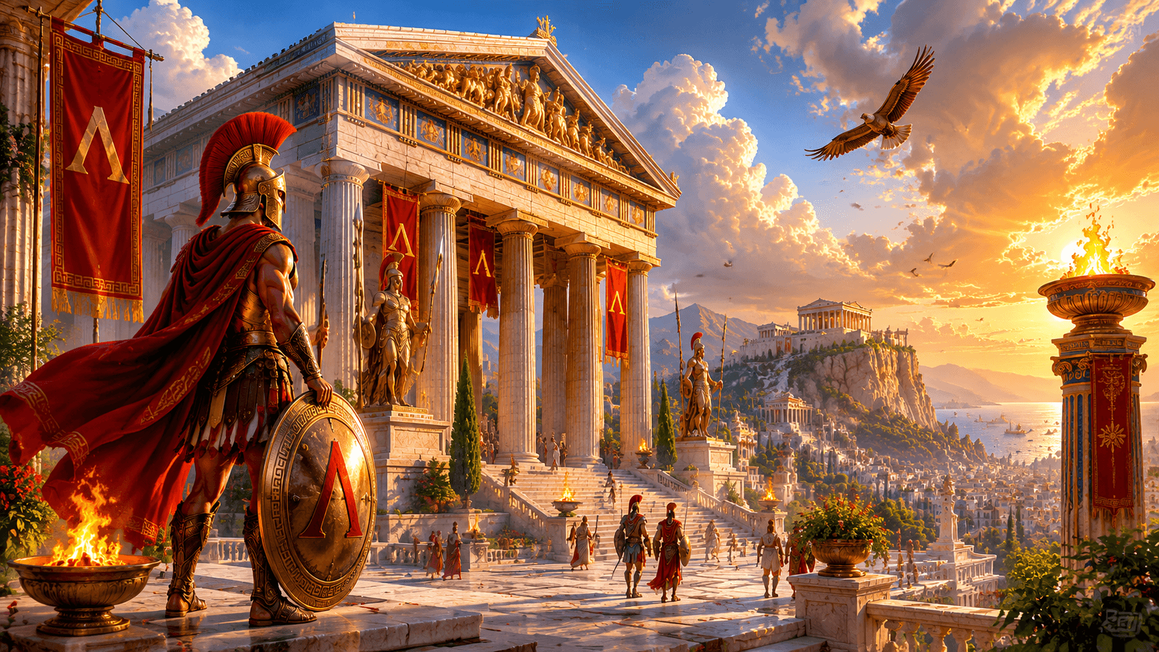 Ancient Greek temple columns bathed in warm sunlight, representing the sacred architecture of Spartan temples and sanctuaries