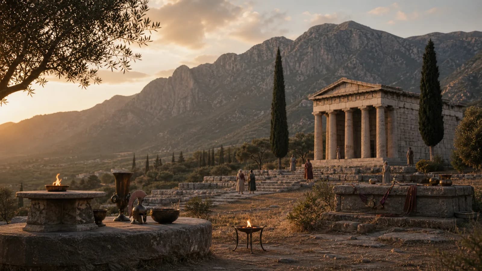 Austere Spartan temple sanctuary near the Taygetus mountains with ritual objects and warm evening light