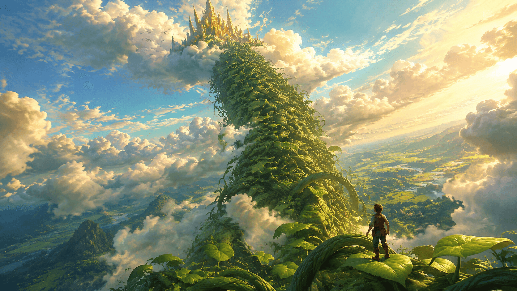 Towering green beanstalk climbing into the clouds, evoking the fairy tale of Jack and the Beanstalk