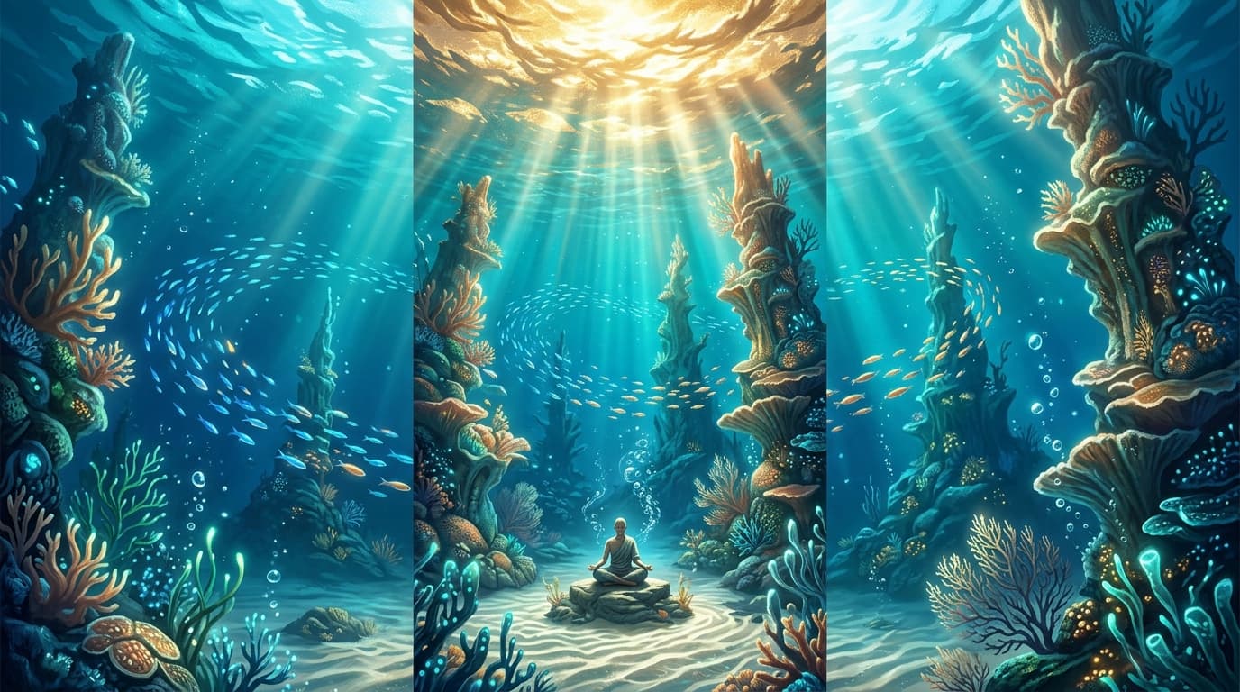 A serene luminous underwater world seen from below the ocean surface, shafts of golden sunlight piercing through turquoise water, schools of glowing fish drifting in slow spirals, ancient coral formations rising like cathedrals from the sandy floor, soft bioluminescent light pulsing from sea plants, a lone meditating figure seated cross-legged on the ocean bed surrounded by gentle currents and swirling air bubbles, the surface far above shimmering like hammered gold, vast sense of oceanic depth and silence, vibrant palette of sapphire blue, emerald teal, warm amber light, ivory sand, radiant and otherworldly yet profoundly peaceful atmosphere