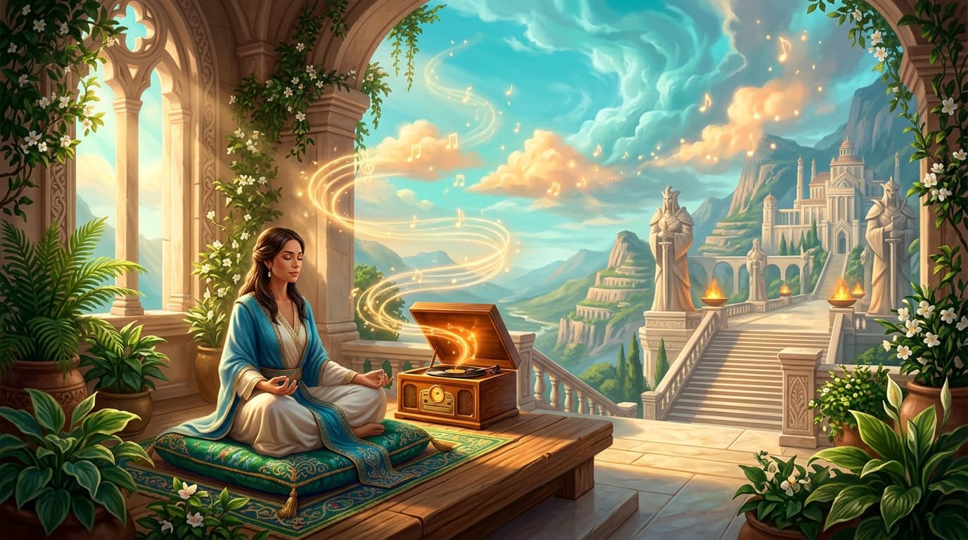 A warm softly lit listening room with a vintage record player glowing amber on a wooden table, golden light streaming through tall windows, lush green plants framing the scene, spiraling sound waves visualized as luminous golden rings rising gently into a turquoise sky, a serene figure seated cross-legged on a meditation cushion surrounded by floating musical notes and soft clouds of warm light, atmospheric depth with rich emerald and sapphire tones, painterly fantasy realism