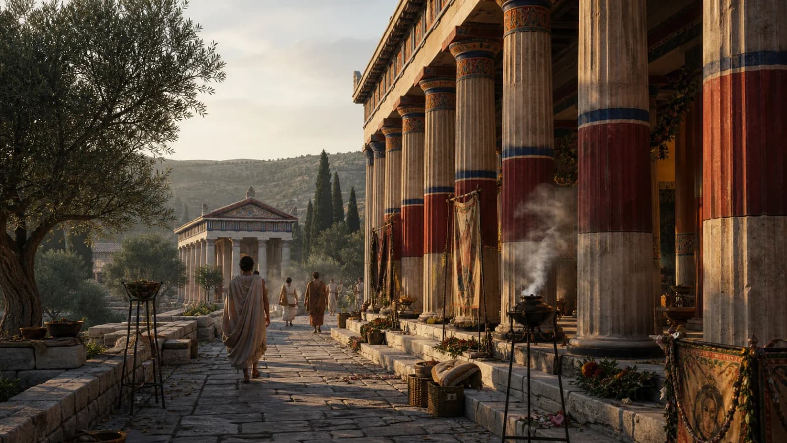 Ancient Greek sanctuary walkway with painted columns, offerings, olive trees, and ritual smoke