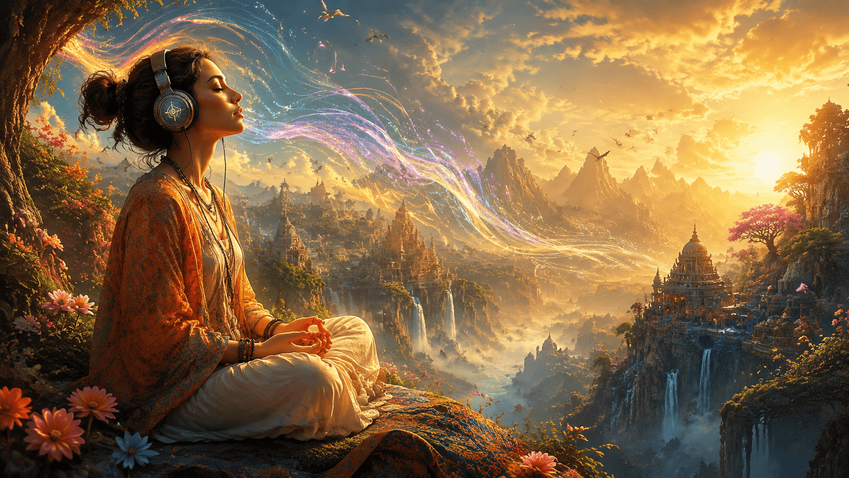 A person immersed in an interactive audio journey, headphones on, eyes closed, in a state of deep focused listening