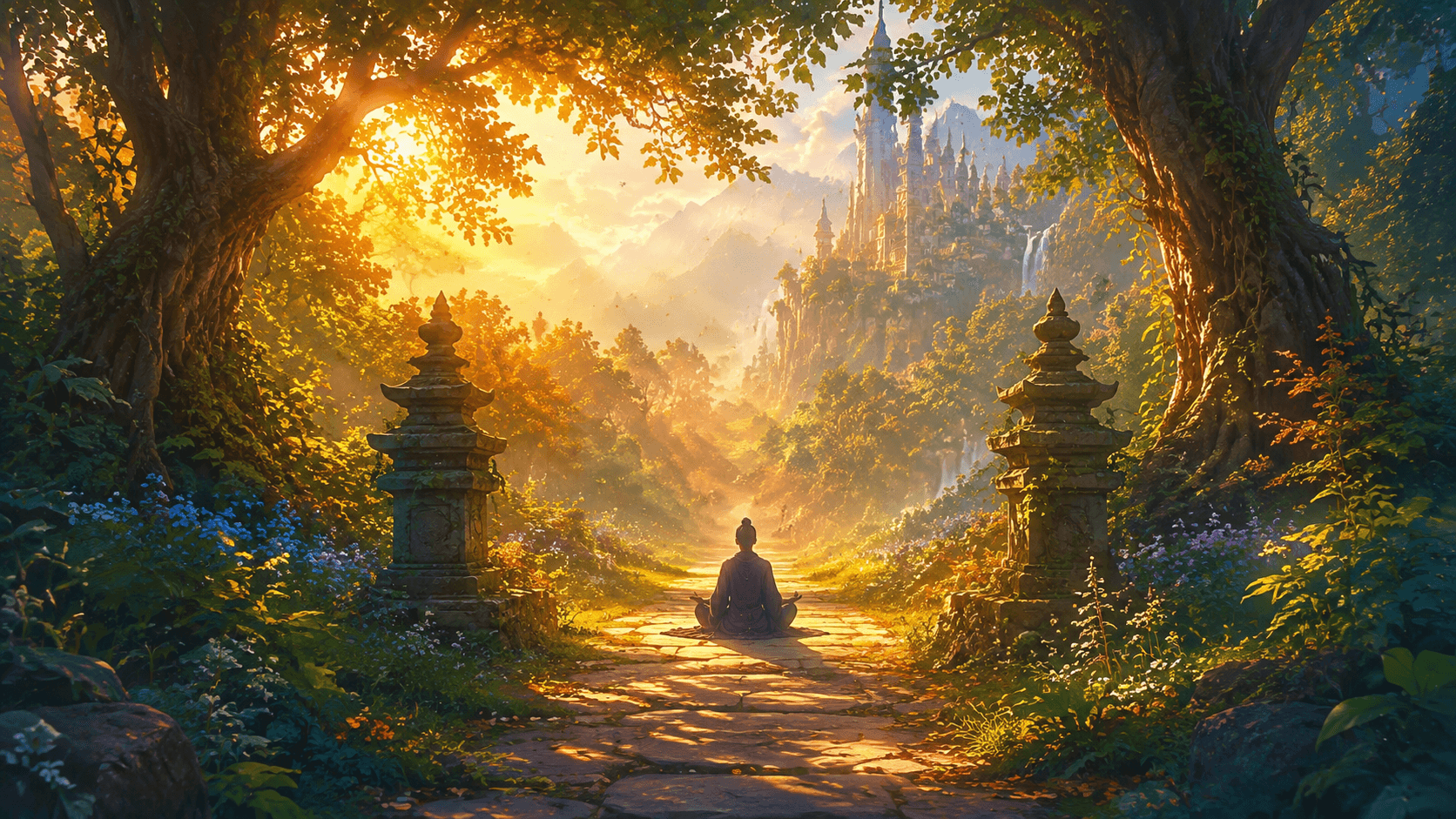A luminous figure seated in meditation surrounded by glowing botanical and neural patterns, representing the mind-body connection of the gut-brain axis