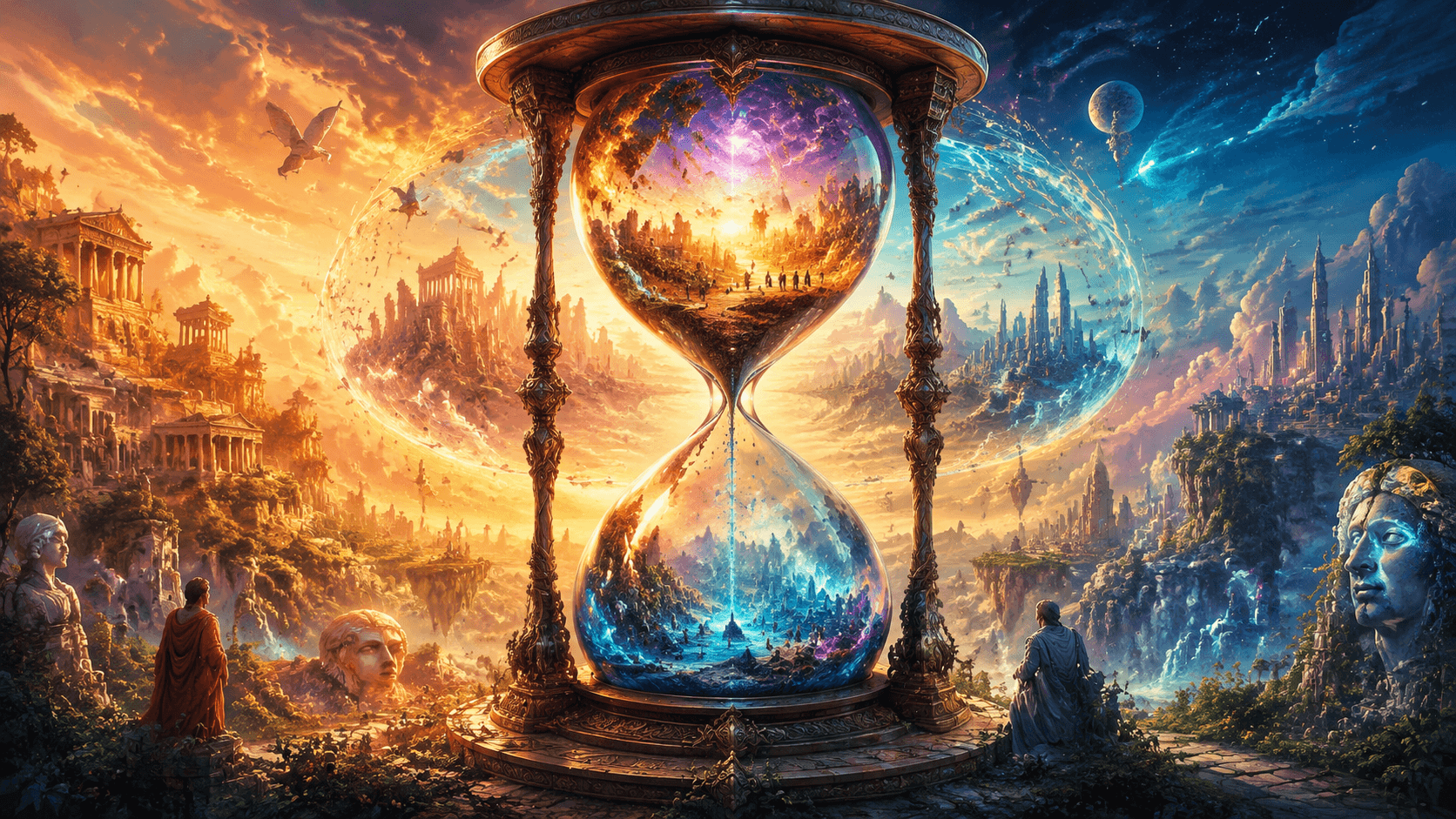A luminous figure hovering between past and future timelines in a vast golden light-filled space