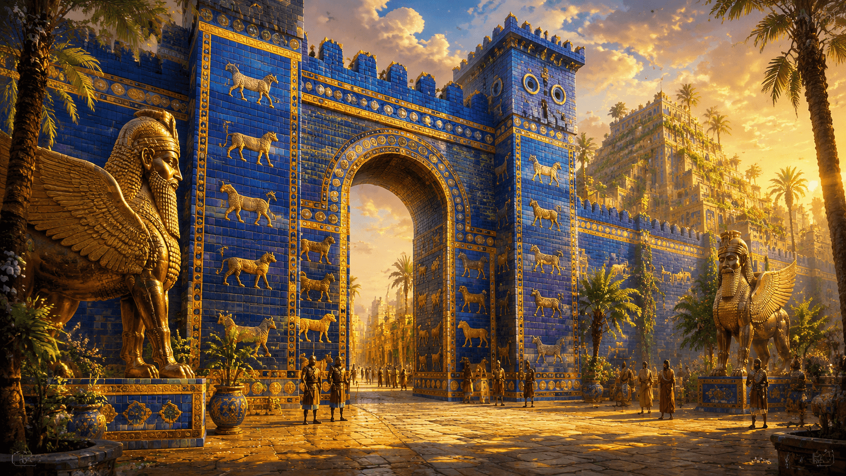 Ancient Babylon Ishtar Gate blue glazed tiles with mythical creatures and golden decorations