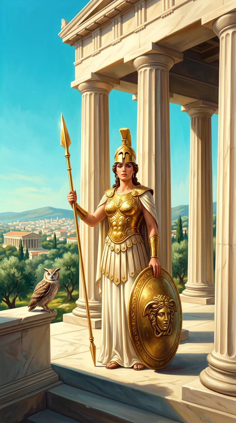 Ancient Greek temple with owl symbolizing Athena's wisdom and strategic vision