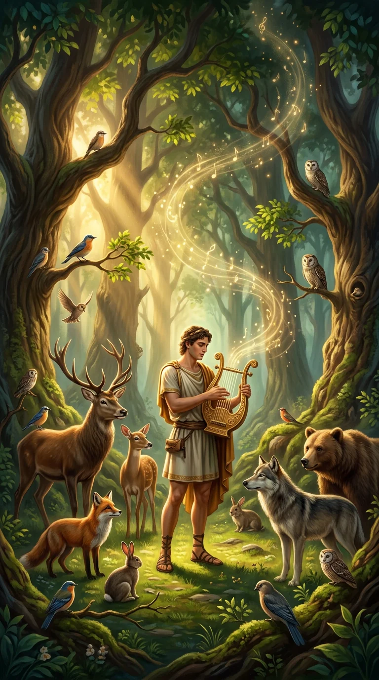 Ancient Greek lyre bathed in golden ethereal light representing Orpheus's legendary music