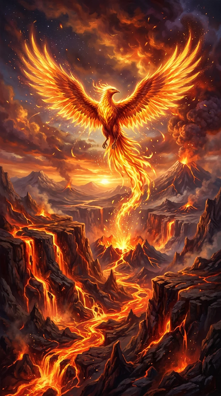 Phoenix rising from flames in golden fire transformation rebirth